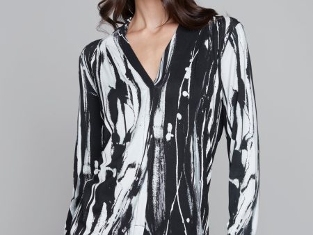 Breezy Black & White v-neck lined long sleeve top For Discount