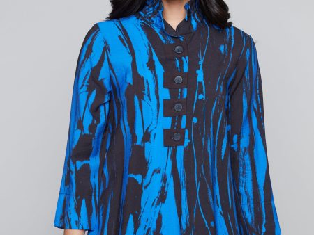 Breezy Black & Periwinkle Blue 3 4-length sleeve button front blouse with frill collar on Sale