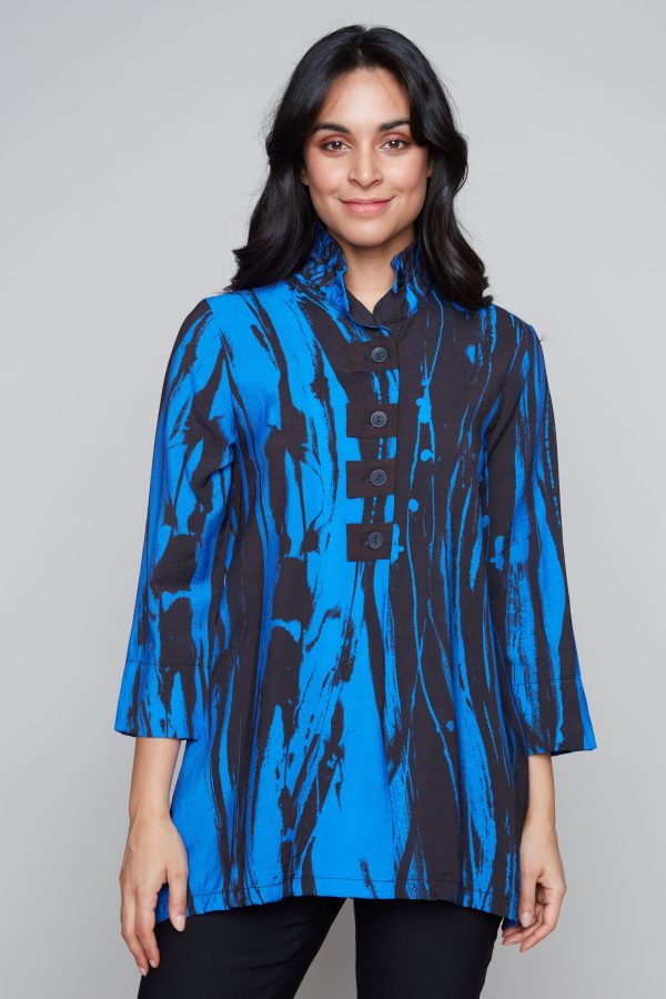 Breezy Black & Periwinkle Blue 3 4-length sleeve button front blouse with frill collar on Sale