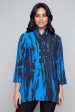 Breezy Black & Periwinkle Blue 3 4-length sleeve button front blouse with frill collar on Sale